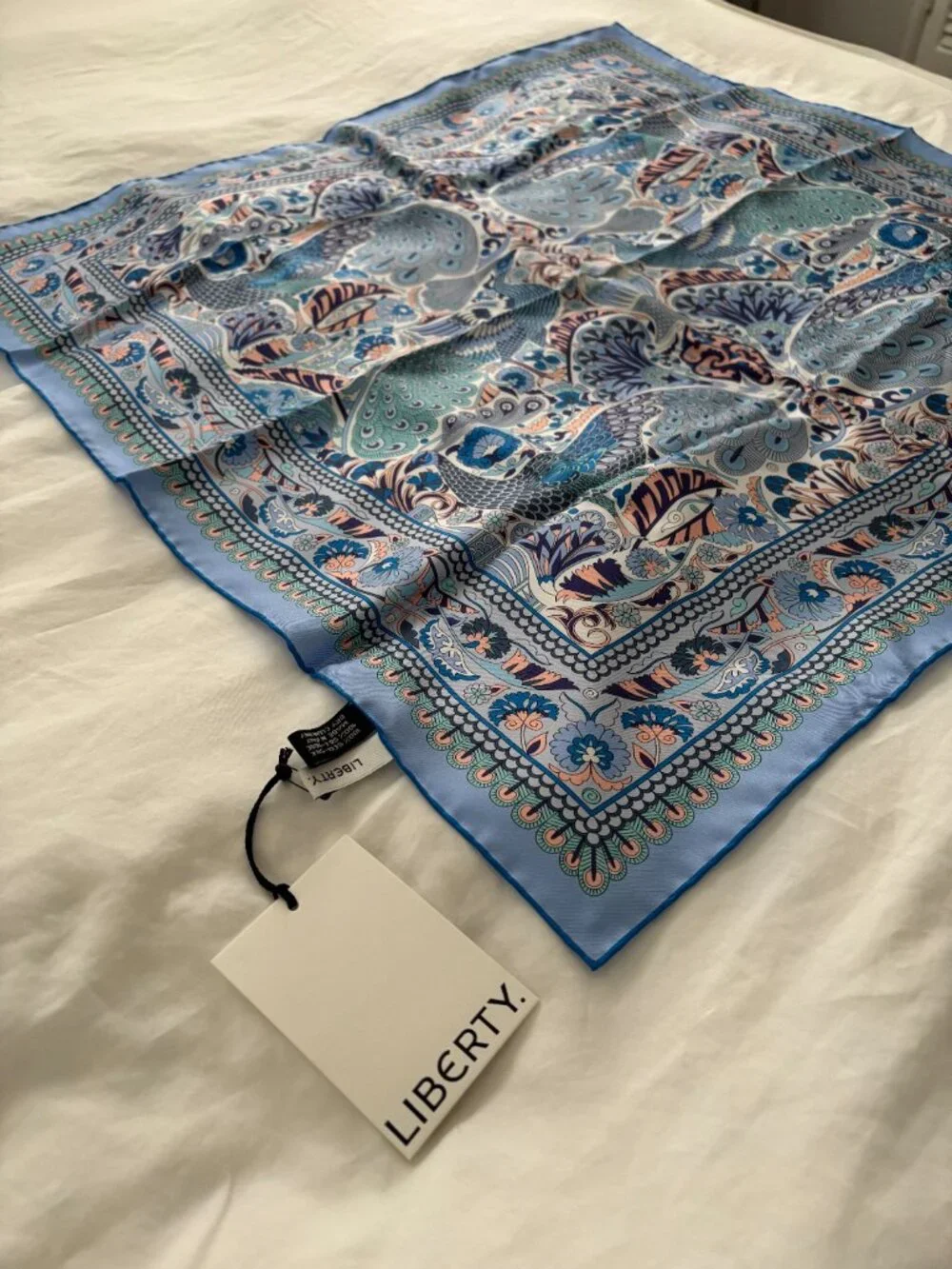 Liberty London Blue Silk Scarf Adorned with Peacocks - Never Worn